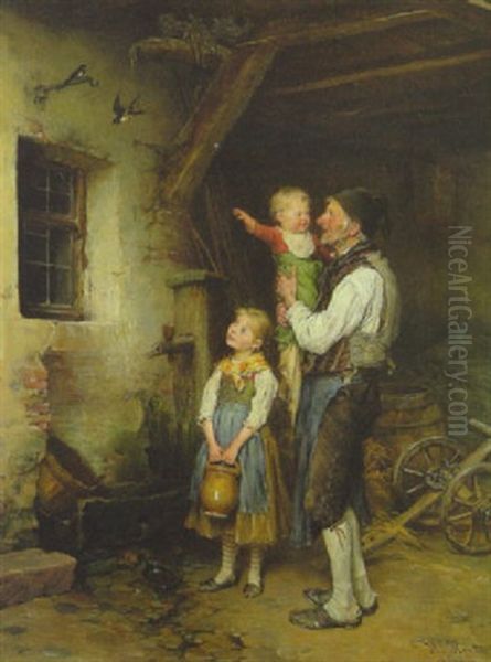 Die Ankunft Der Schwalben Beobachtet Ein Alter Bauer Mit Seinen Beiden Enkeln Im Stallgebaude Oil Painting by Heinrich Hirt