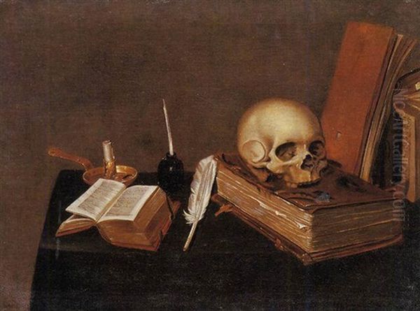 A Vanitas Still Life With A Candle, An Inkwell, A Quill Pen, A Skull And Books Oil Painting by Michael Conrad Hirt