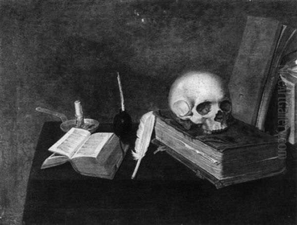 A Vanitas Still-life With Writing Paraphernalia And A Skull Oil Painting by Michael Conrad Hirt