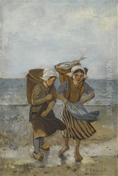 Zwei Fischermadchen Am Strand Oil Painting by Rudolf Hirth Du Frenes