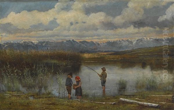 Kinder Am Ufer Eines Moorweihers In Vorgebirgslandschaft Oil Painting by Rudolf Hirth Du Frenes