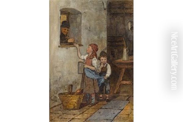 Zwei Kinder Am Bierausschank Oil Painting by Rudolf Hirth Du Frenes