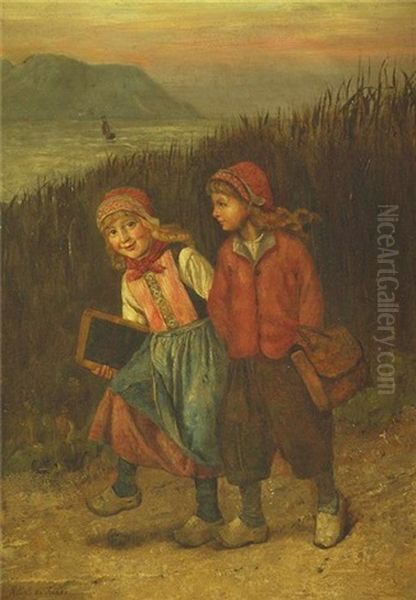 Zwei Schulmadchen Auf Dem Heimweg Oil Painting by Rudolf Hirth Du Frenes