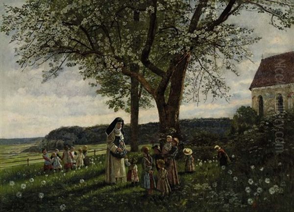 Spielende Kinder Im Klostergarten Oil Painting by Rudolf Hirth Du Frenes