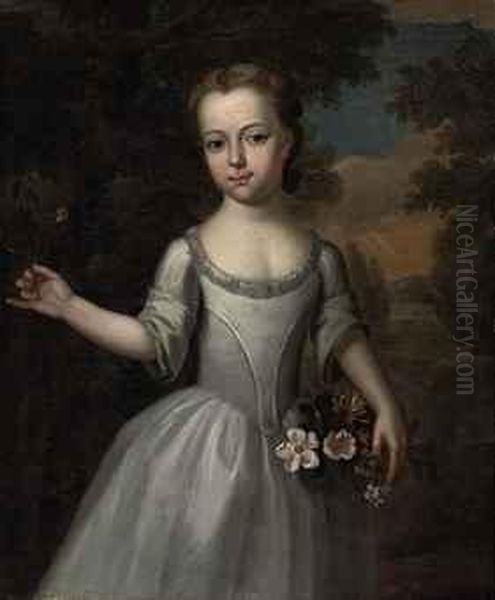 Portrait Of A Young Girl, Three-quarter-length, In A Grey Dress With A Basket Of Flowers In A Landscape Oil Painting by Thomas Bardwell