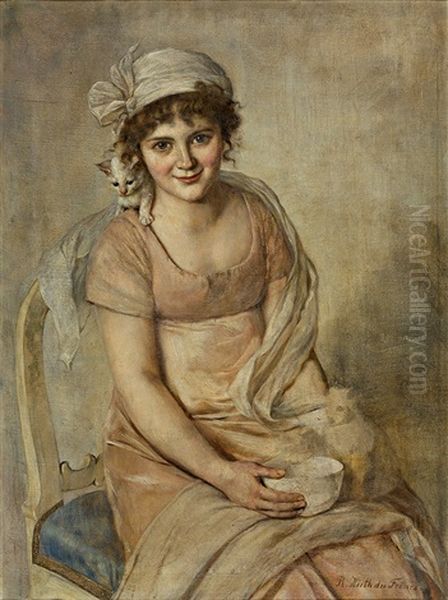 Portrait Einer Reizenden Jungen Frau Mit Katzchen Oil Painting by Rudolf Hirth Du Frenes