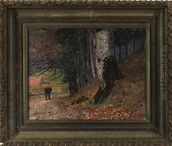 Wanderer Am Herbstlichen Waldrand Mit Blick Auf Ein Gehoft Oil Painting by Rudolf Hirth Du Frenes