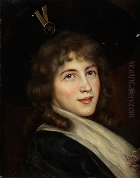 Portrait Eines Jungen Madchens Mit Aschblondem Haar, Sowie Weisem Schal Mit Rosafarbener Blute Oil Painting by Rudolf Hirth Du Frenes