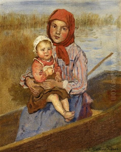 Frau Mit Kind Im Boot Oil Painting by Rudolf Hirth Du Frenes