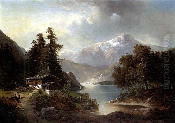 Gebirgslandschaft Mit Bauernhaus Und See Oil Painting by Rudolf Hirth Du Frenes