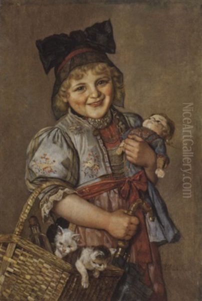 Madchen In Tracht Mit Puppe Und Katzchen Im Korb Oil Painting by Rudolf Hirth Du Frenes