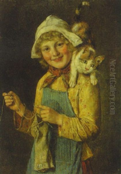 Kleine Katzenfreundin Oil Painting by Rudolf Hirth Du Frenes