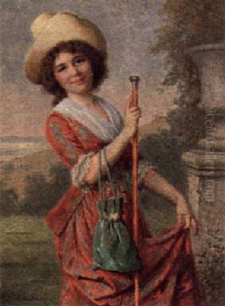 Portrait Of A Young Girl In A Rust Coloured Dress, Holding A Cane Oil Painting by Rudolf Hirth Du Frenes