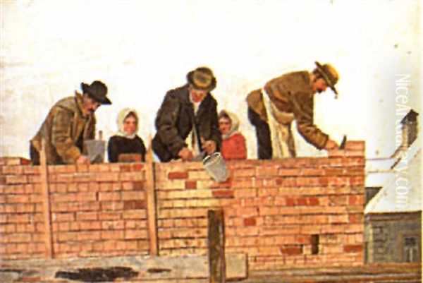 Bricklayers At Work Oil Painting by Rudolf Hirth Du Frenes