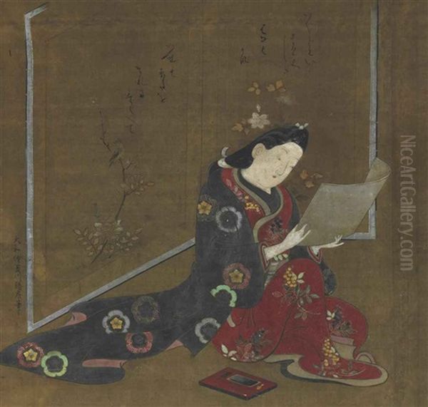 Beauty Reading A Letter Beside A Screen Oil Painting by Morofusa Hishikawa