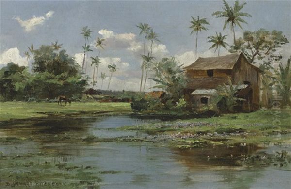 Waterlilies And Palm Trees Oil Painting by David Howard Hitchcock