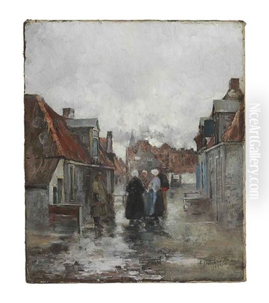 A Dutch Street Scene With Gathering Figures Oil Painting by George Hitchcock