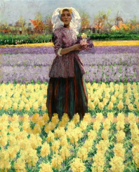 Woman In A Field Of Hyacinths Oil Painting by George Hitchcock