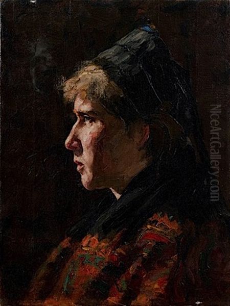 Tete De Femme De Profil En Costume Traditionnel Hollandais Oil Painting by George Hitchcock