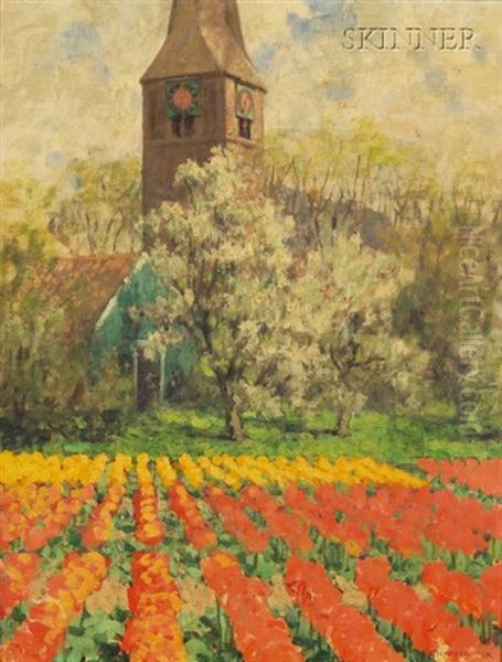 Tulip Fields With Orchard And Clock Tower Oil Painting by George Hitchcock