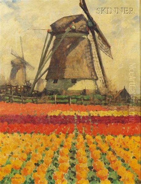 Tulip Fields With Windmill Oil Painting by George Hitchcock