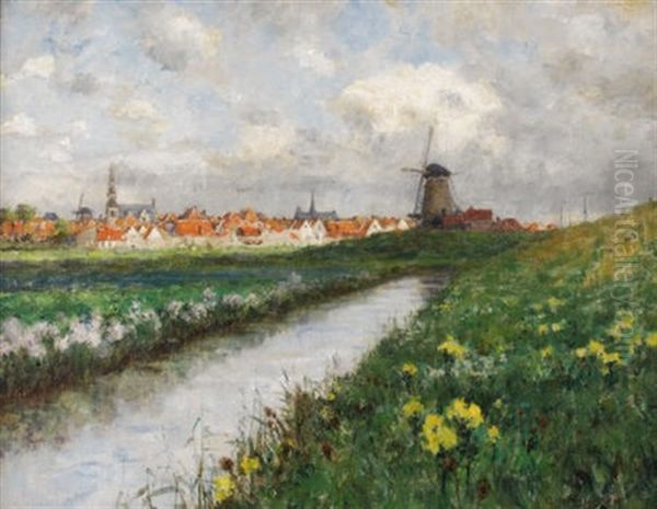 Dutch Landscape: Windmill And Daffodils Oil Painting by George Hitchcock