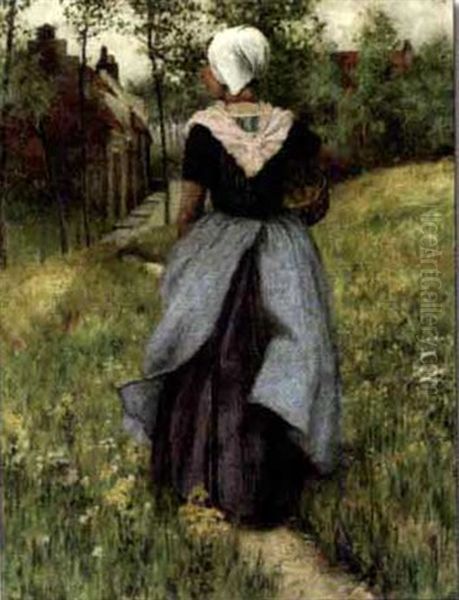 Brittany Girl On A Flowered Pathway Oil Painting by George Hitchcock