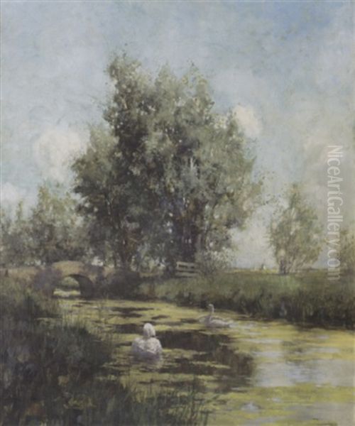 Swans By A Bridge, Holland Oil Painting by George Hitchcock