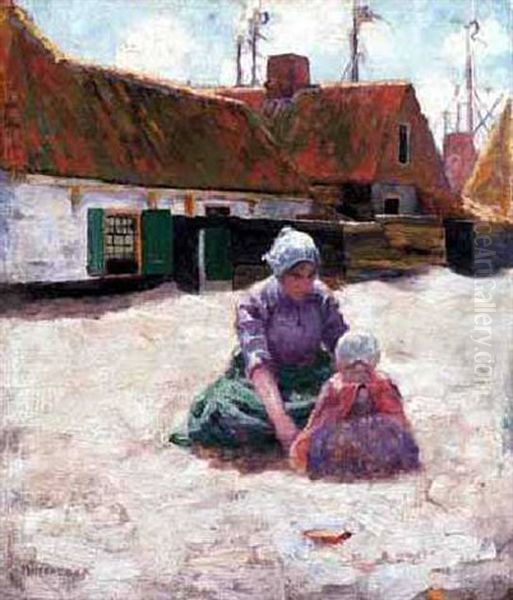 Mother And Child In A Courtyard Oil Painting by George Hitchcock