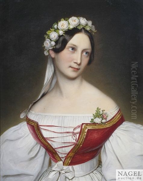 Bildnis Einer Jungen Dame In Weisem Kleid Und Rotem Bustier Als Huftbildnis Nach Rechts Oil Painting by Conrad Hitz