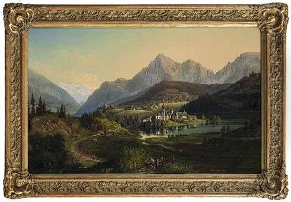 Blick Auf Die Stiftskirche Von Hoglworth Mit See, Berglandschaft Und Personenstaffage Im Berchtesgadener Land (rupertiwinkel) Oil Painting by Josef Hitzinger