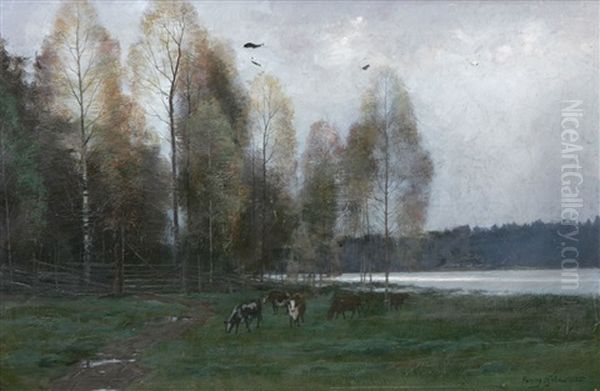 Landskap Med Betande Kor Oil Painting by Fanny Elisabeth Wilhelmina Hjelm