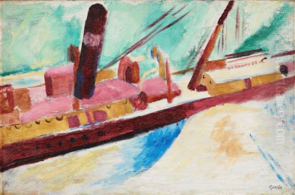 Red Boat - View From The Studio Towards Stadsgardskajen Oil Painting by Sigrid (Maria) Hjerten