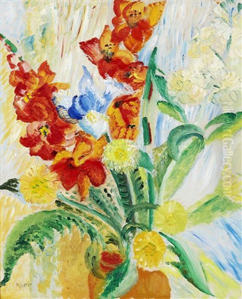 Blomsterstilleben Med Gladiolus, Astrar Och Ormbunkar Oil Painting by Sigrid (Maria) Hjerten