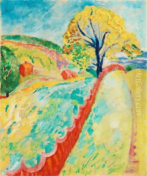 The Red Fence, Granna Oil Painting by Sigrid (Maria) Hjerten