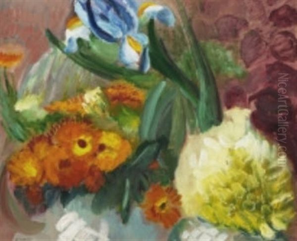 Ringblommor Och Iris Oil Painting by Sigrid (Maria) Hjerten