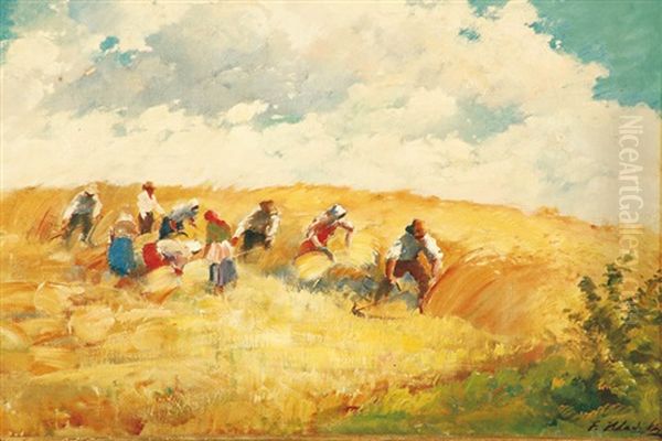 Reapers In Corn Fields Oil Painting by Frantisek Hladik