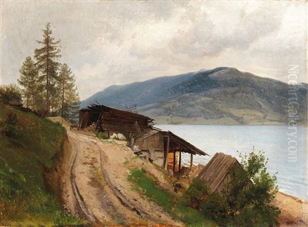 View From Steinbach Towards Unterach Am Attersee Oil Painting by Anton Hlavacek