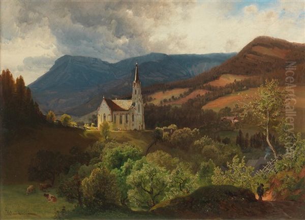 Mountain Church Oil Painting by Anton Hlavacek