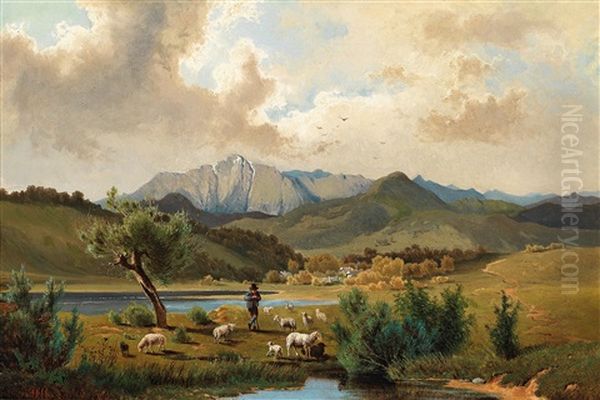 Shepherd By The Lake Oil Painting by Anton Hlavacek