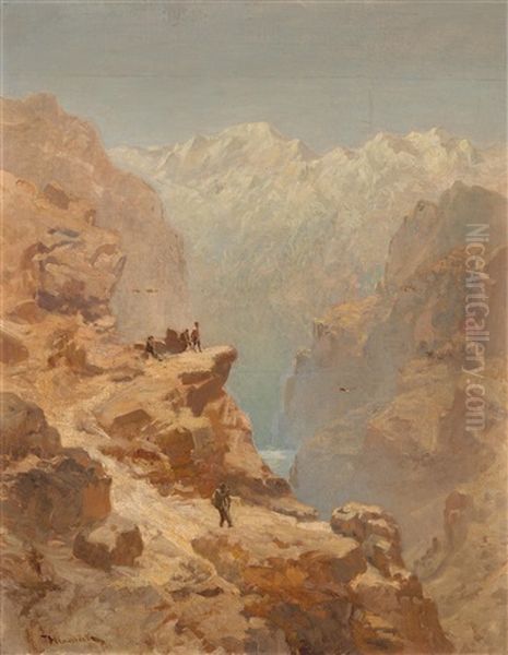 Mountain Massif With Mountain Climbers On A Rocky Ledge Oil Painting by Anton Hlavacek