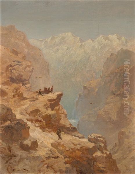 Massif With Mountain Climbers On A Rocky Outcrop Oil Painting by Anton Hlavacek