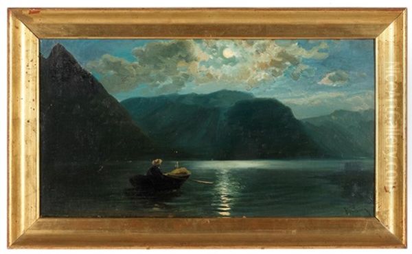 Landschaft Mit See Und Ruderboot Im Mondschein, Im Salzkammergut Oil Painting by Anton Hlavacek