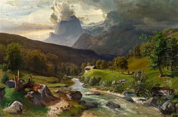 Gebirgstal Mit Wildbach Oil Painting by Anton Hlavacek