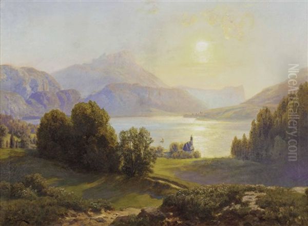 Blick Uber Einen Alpensee Oil Painting by Anton Hlavacek