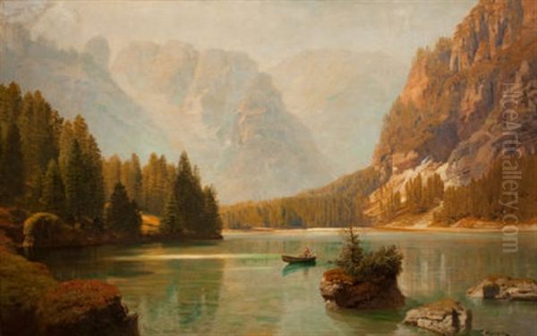 Canoeing On A Mountain Lake Oil Painting by Anton Hlavacek