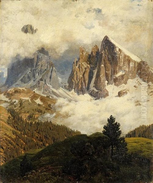 Plattkofel Im Nebeltreiben Oil Painting by Anton Hlavacek