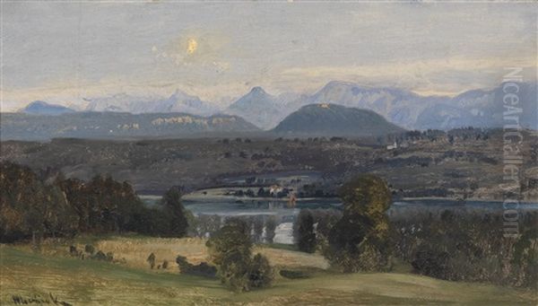 Worther See Mit Den Karntner Alpen Oil Painting by Anton Hlavacek