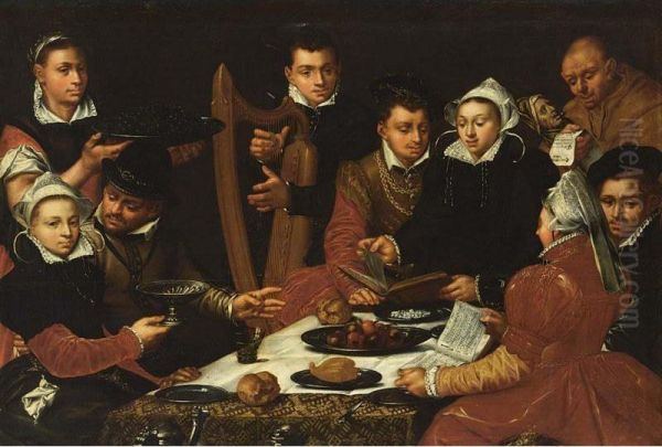 Elegant Figures At A Table Singing And Playing Music Oil Painting by Dirck Barendsz.