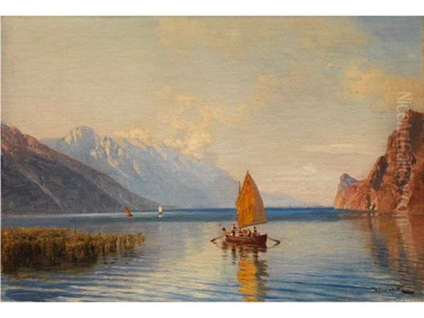 Der Gardasee Zwischen Riva Und Torbole Am Morgen Oil Painting by Anton Hlavacek